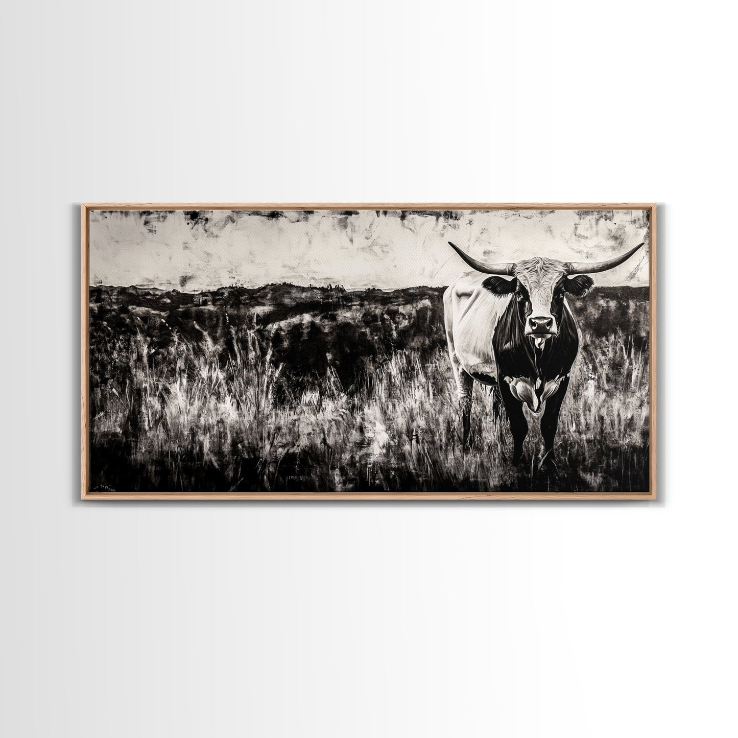 Texas Longhorn, Rustic Farmhouse, Black and White Western Art, Framed Canvas Print, Country Home Decor, Rustic Living Room Wall Art