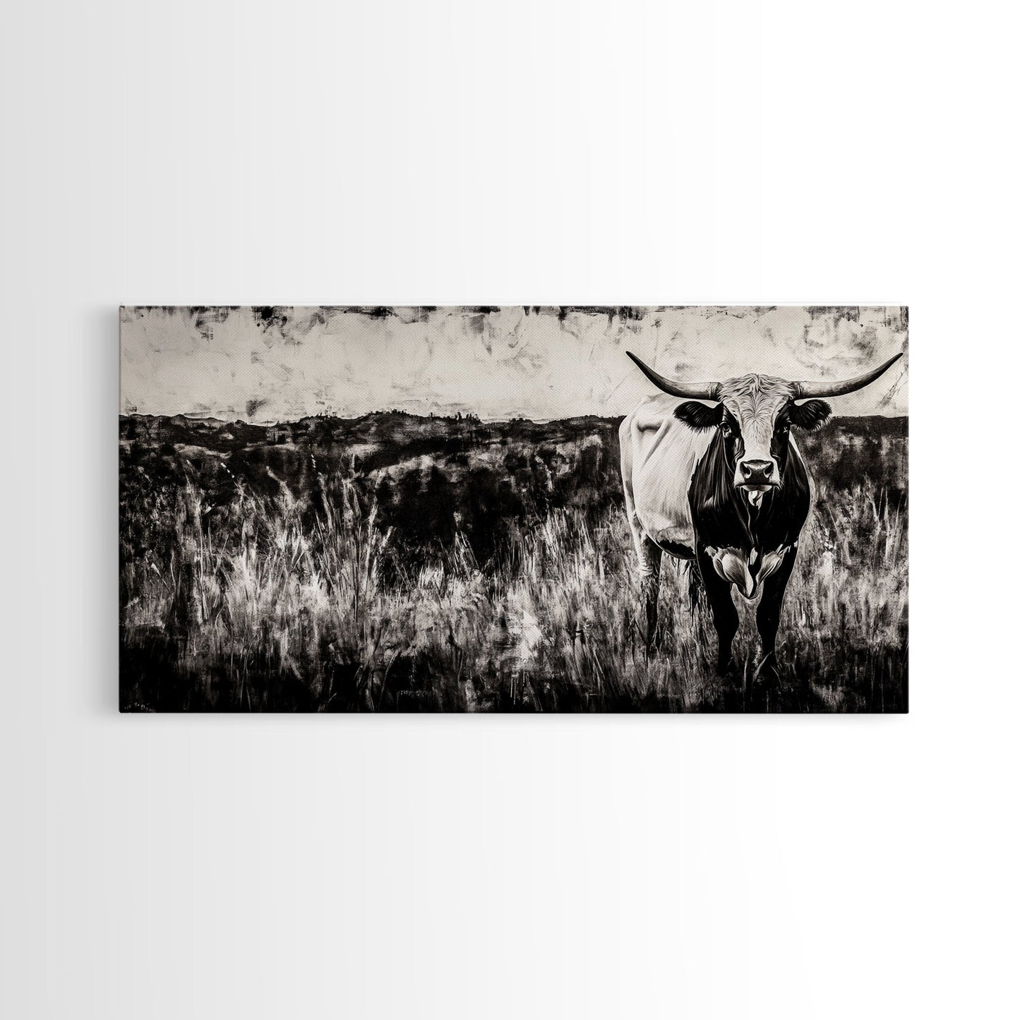 Texas Longhorn, Rustic Farmhouse, Black and White Western Art, Framed Canvas Print, Country Home Decor, Rustic Living Room Wall Art