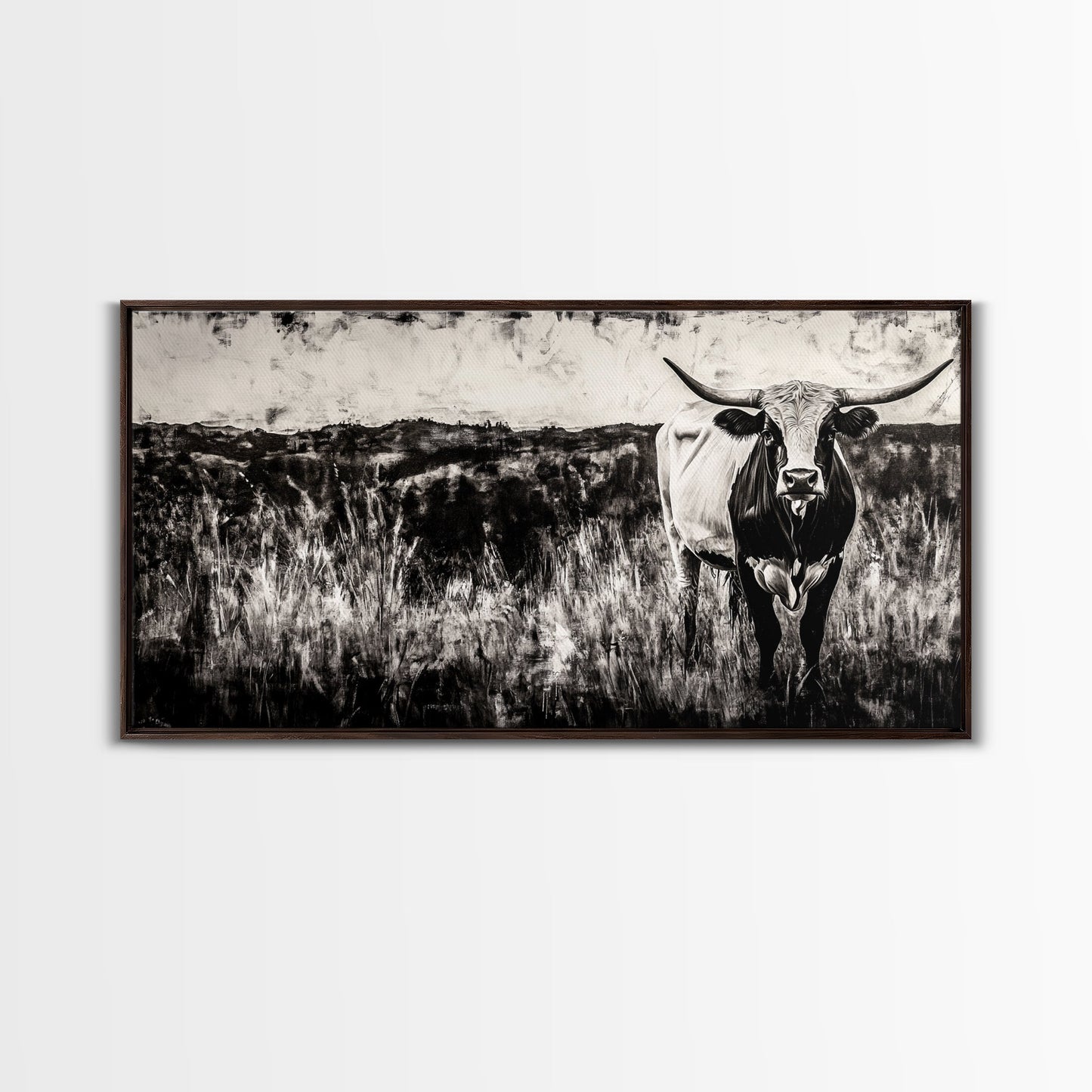 Texas Longhorn, Rustic Farmhouse, Black and White Western Art, Framed Canvas Print, Country Home Decor, Rustic Living Room Wall Art