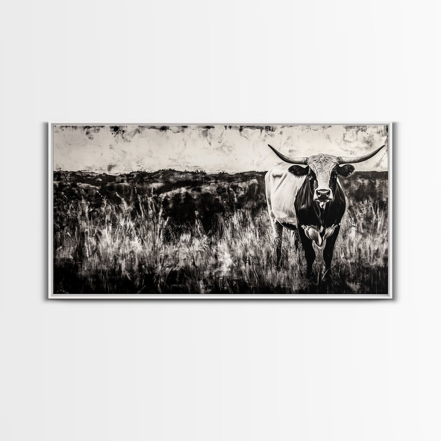 Texas Longhorn, Rustic Farmhouse, Black and White Western Art, Framed Canvas Print, Country Home Decor, Rustic Living Room Wall Art