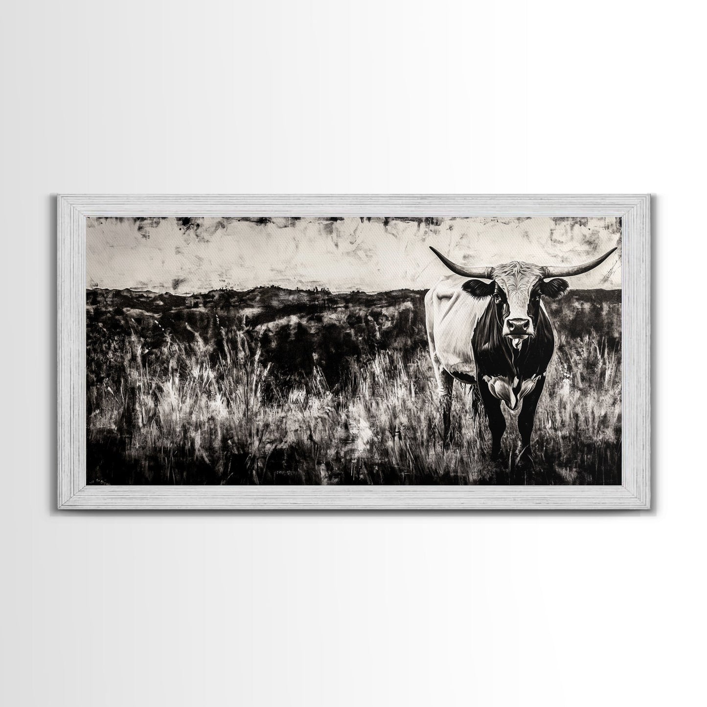 Texas Longhorn, Rustic Farmhouse, Black and White Western Art, Framed Canvas Print, Country Home Decor, Rustic Living Room Wall Art