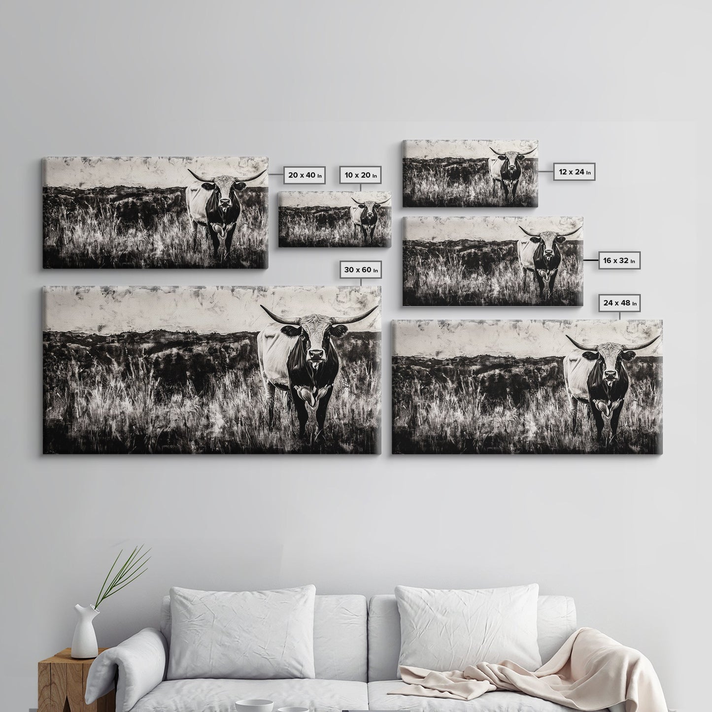 Texas Longhorn, Rustic Farmhouse, Black and White Western Art, Framed Canvas Print, Country Home Decor, Rustic Living Room Wall Art