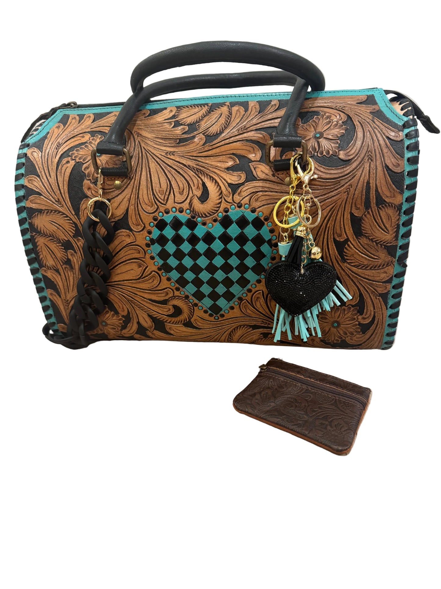Tooled Leather Turquoise Black Checkered Heart Speedy Bag