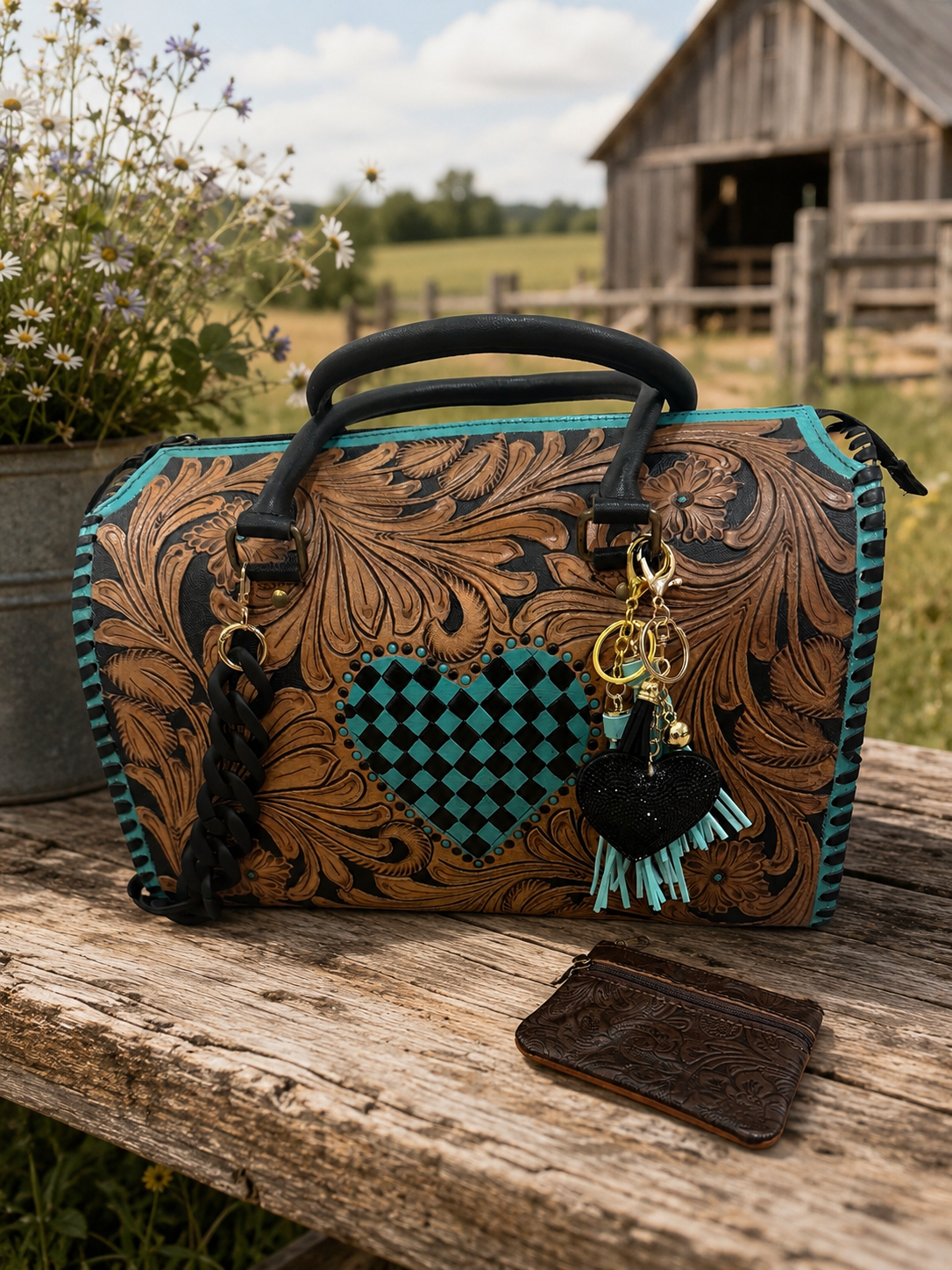 Tooled Leather Turquoise Black Checkered Heart Speedy Bag