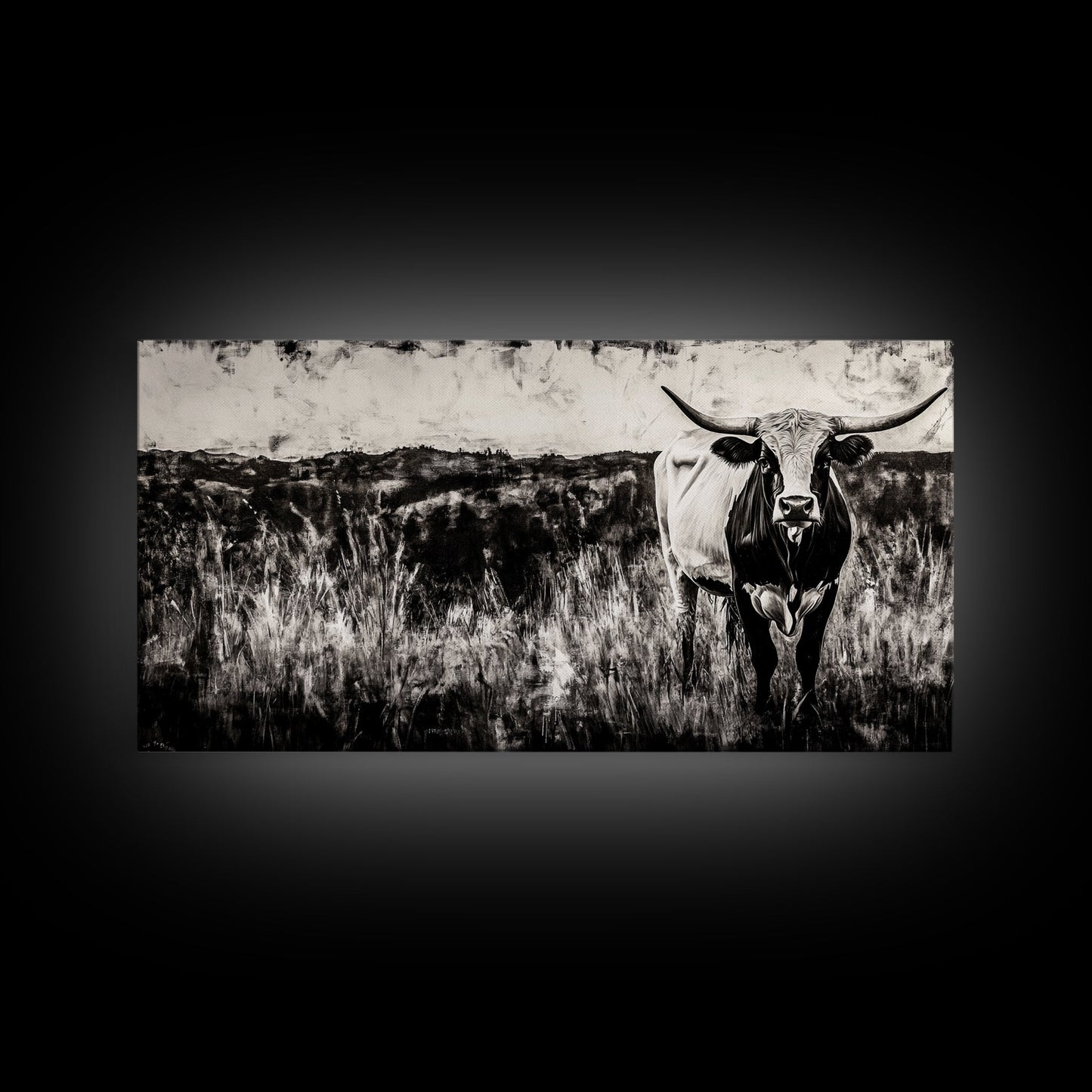 Texas Longhorn, Rustic Farmhouse, Black and White Western Art, Framed Canvas Print, Country Home Decor, Rustic Living Room Wall Art