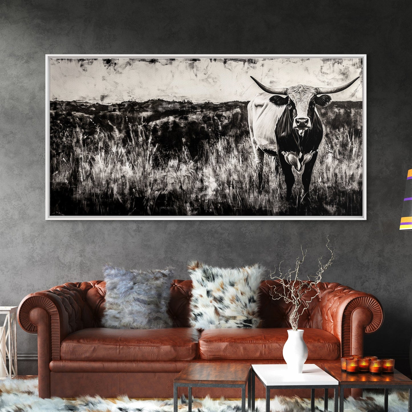 Texas Longhorn, Rustic Farmhouse, Black and White Western Art, Framed Canvas Print, Country Home Decor, Rustic Living Room Wall Art