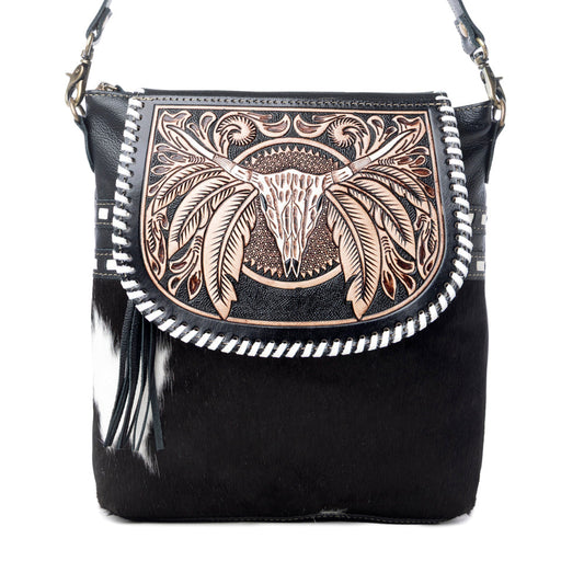 Myra Spirit of the Herd Hairon Leather Bag for Women Western Cowhide Purse with Intricate Tooling