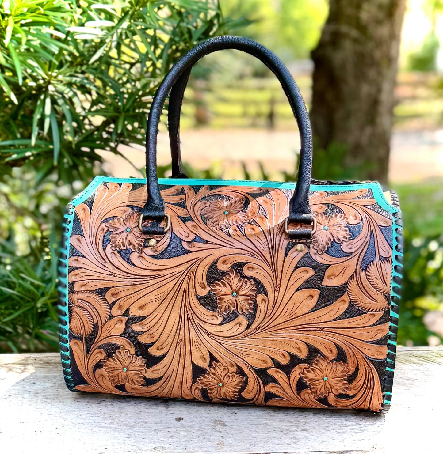 Tooled Leather Turquoise Black Checkered Heart Speedy Bag